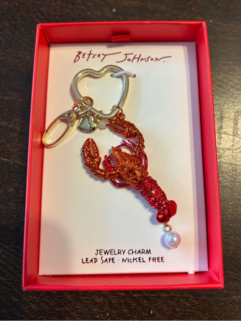Betsey Johnson Red Glitter Lobster Bag Charm Purse Keychain with Pearl